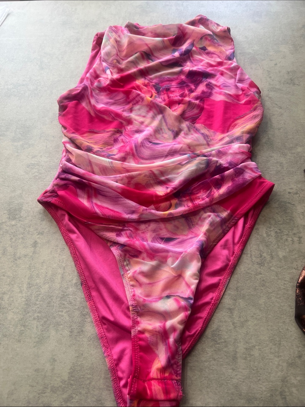 SHEIN Pink Marble Print Ruched Bodysuit